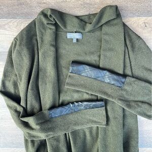 Market & Spruce Olive Open Cardigan  Front 2 Pocket Sweater Faux Leather Trim
